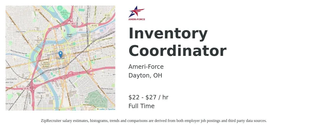 Ameri-Force job posting for a Inventory Coordinator in Dayton, OH with a salary of $24 to $25 Hourly with a map of Dayton location.