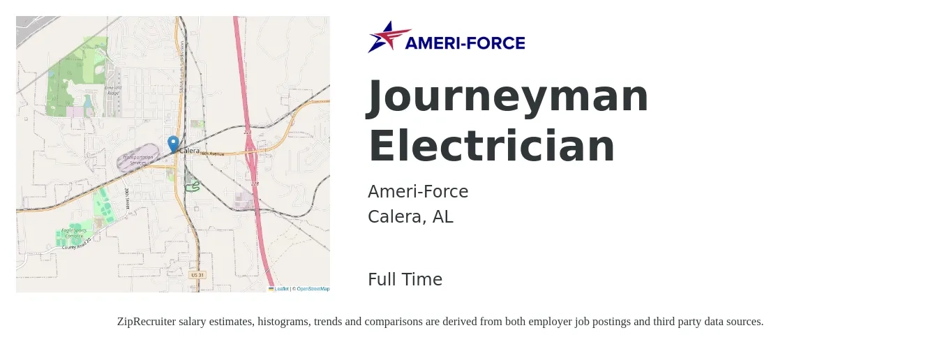 Ameri-Force job posting for a Journeyman Electrician in Calera, AL with a salary of $26 to $35 Hourly with a map of Calera location.