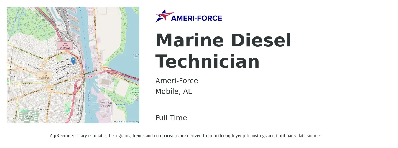 Ameri-Force job posting for a Marine Diesel Technician in Mobile, AL with a salary of $26 to $37 Hourly with a map of Mobile location.