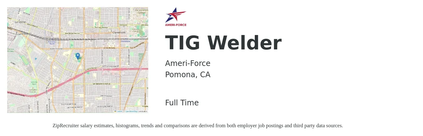 Ameri-Force job posting for a TIG Welder in Pomona, CA with a salary of $20 to $26 Hourly with a map of Pomona location.