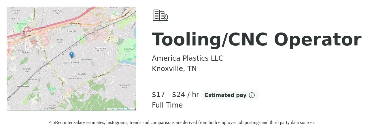America Plastics LLC job posting for a Tooling/CNC Operator in Knoxville, TN with a salary of $18 to $25 Hourly with a map of Knoxville location.