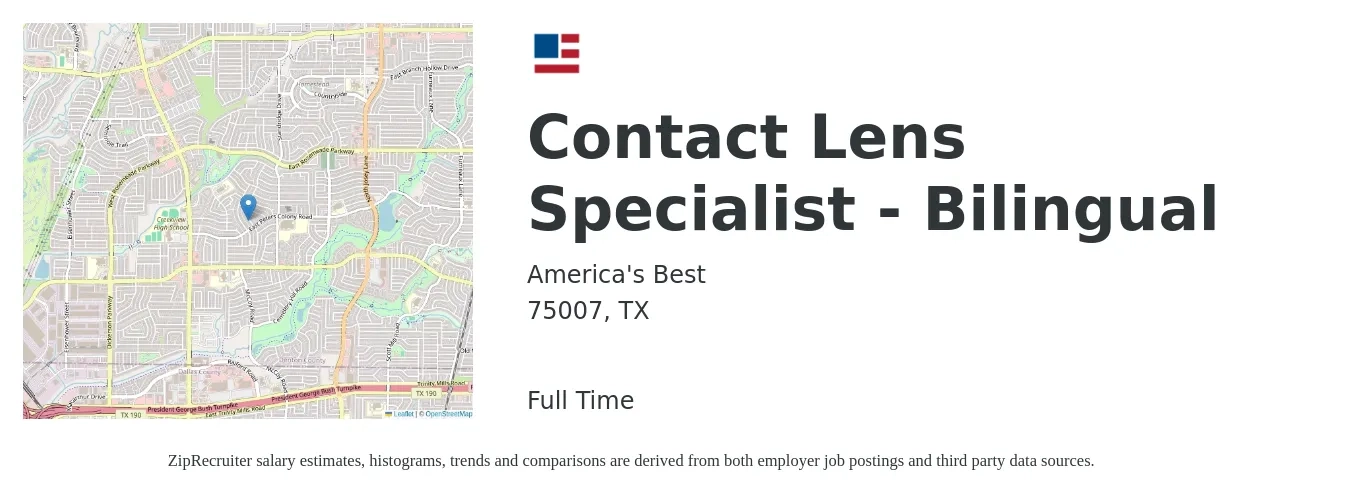 America's Best job posting for a Contact Lens Specialist - Bilingual in 75007, TX with a salary of $16 to $19 Hourly with a map of 75007 location.