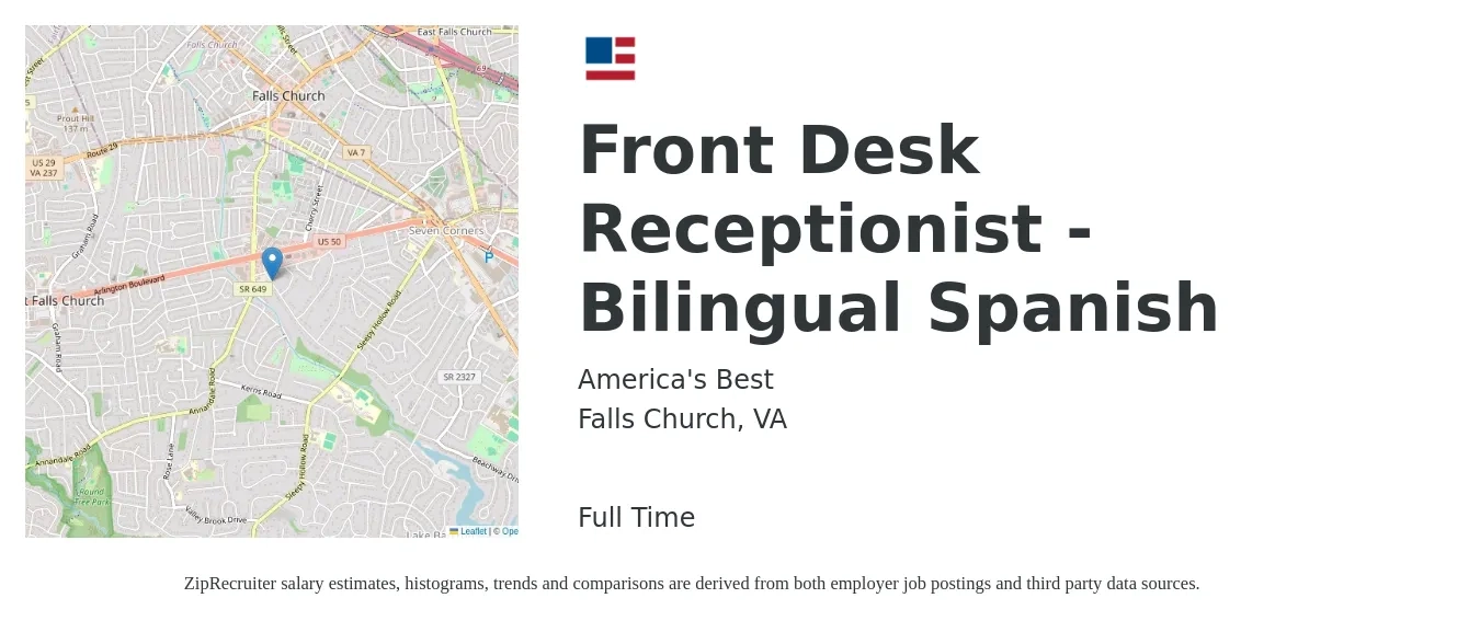 America's Best job posting for a Front Desk Receptionist - Bilingual Spanish in Falls Church, VA with a salary of $16 to $20 Hourly with a map of Falls Church location.