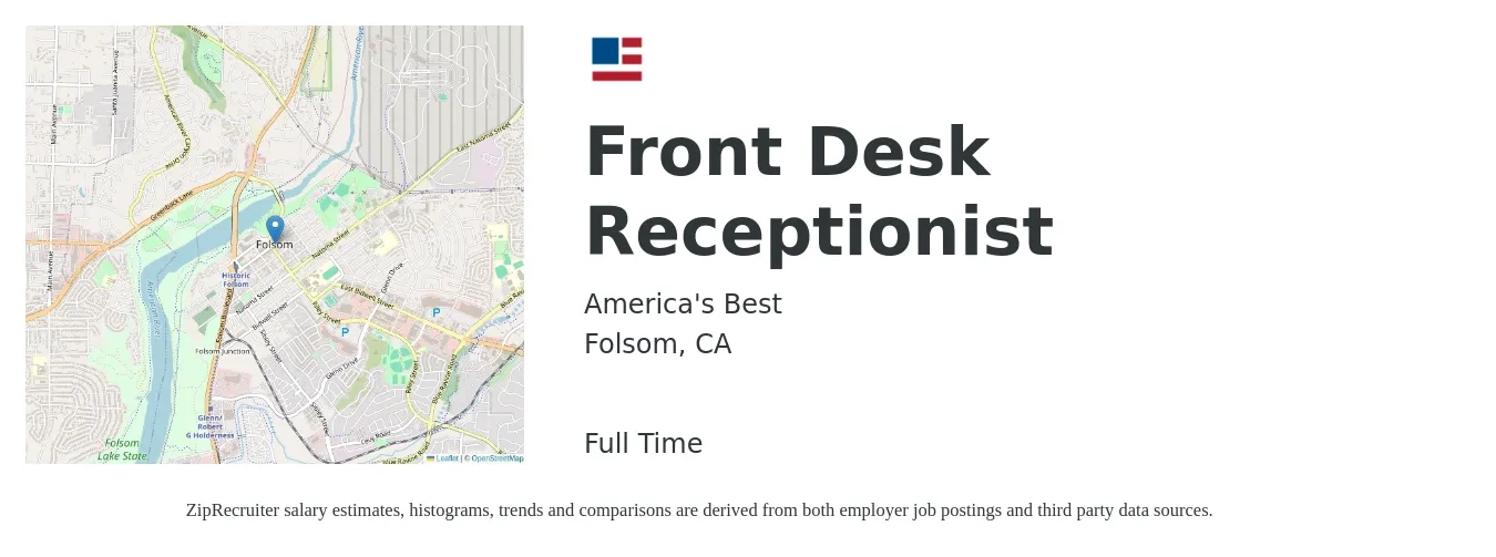 America's Best job posting for a Front Desk Receptionist in Folsom, CA with a salary of $16 to $20 Hourly with a map of Folsom location.