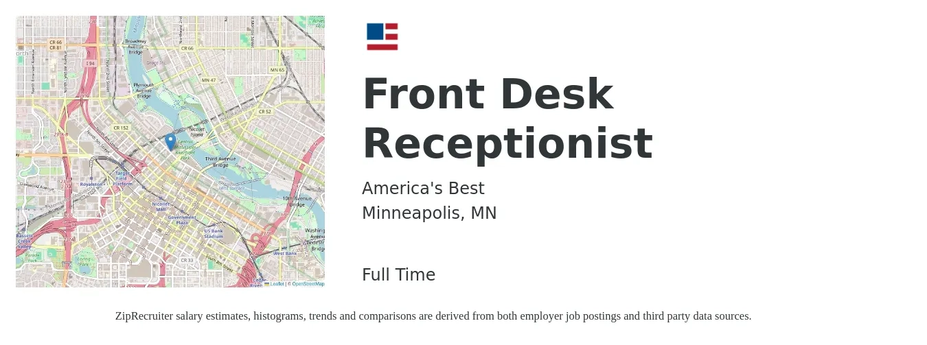 America's Best job posting for a Front Desk Receptionist in Minneapolis, MN with a salary of $16 to $20 Hourly with a map of Minneapolis location.