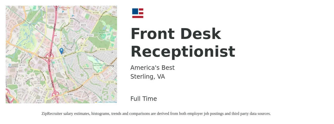 America's Best job posting for a Front Desk Receptionist in Sterling, VA with a salary of $15 to $20 Hourly with a map of Sterling location.