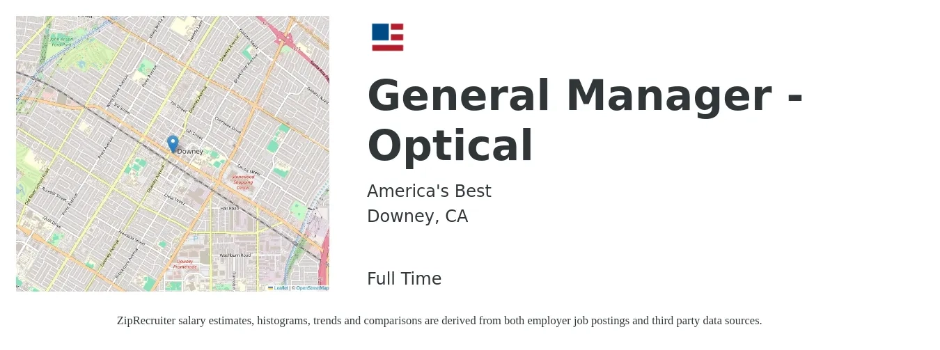 America's Best job posting for a General Manager - Optical in Downey, CA with a salary of $52,700 to $79,100 Yearly with a map of Downey location.