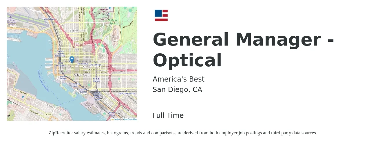 America's Best job posting for a General Manager - Optical in San Diego, CA with a salary of $52,900 to $79,400 Yearly with a map of San Diego location.