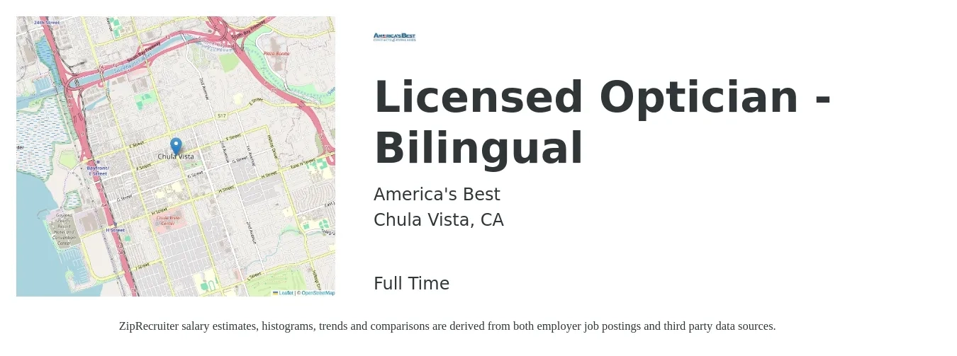 America's Best job posting for a Licensed Optician - Bilingual in Chula Vista, CA with a salary of $18 to $23 Hourly with a map of Chula Vista location.