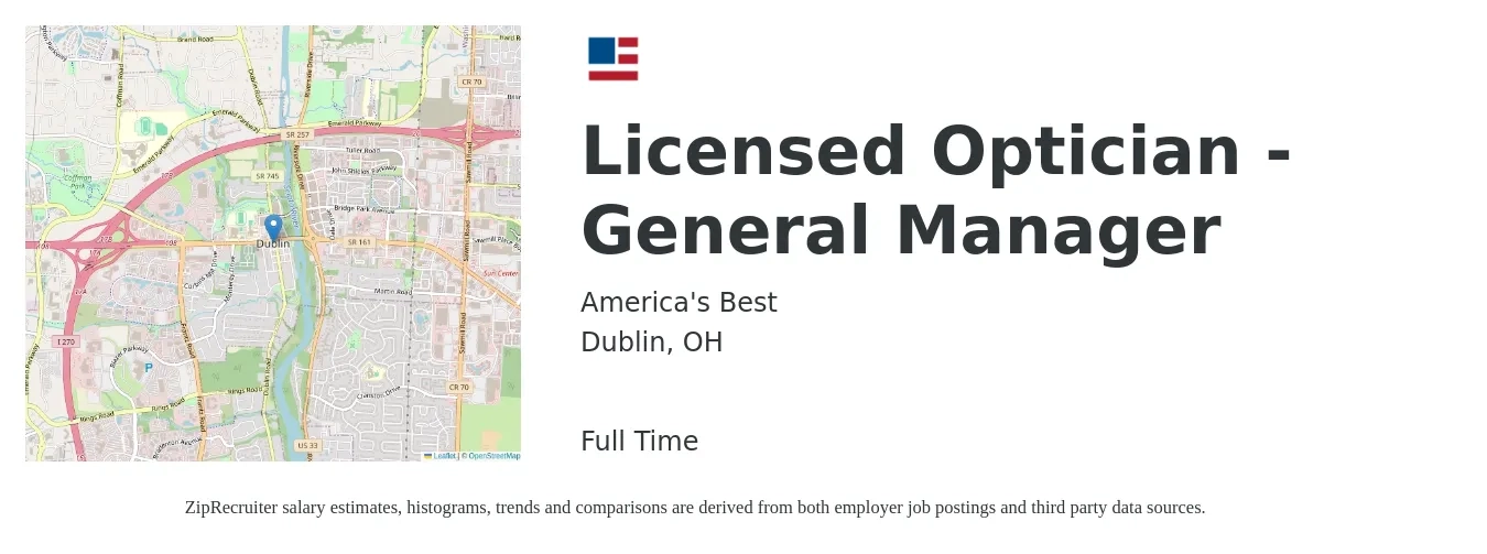 America's Best job posting for a Licensed Optician - General Manager in Dublin, OH with a salary of $20 to $29 Hourly with a map of Dublin location.