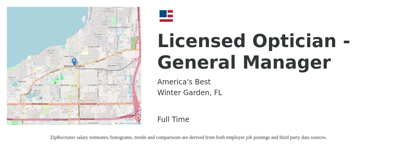 America's Best job posting for a Licensed Optician - General Manager in Winter Garden, FL with a salary of $18 to $26 Hourly with a map of Winter Garden location.