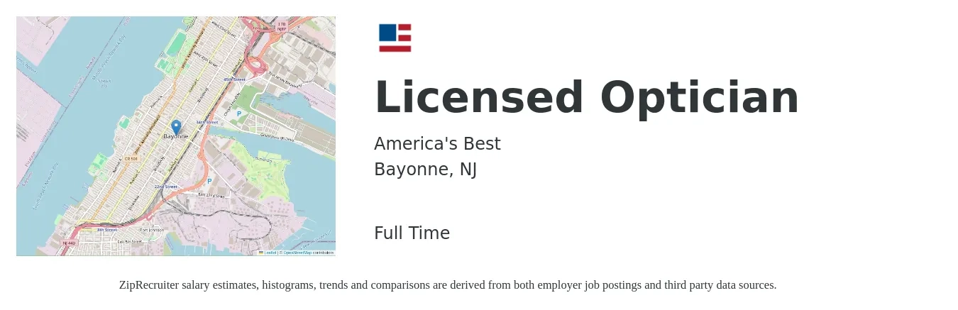 America's Best job posting for a Licensed Optician in Bayonne, NJ with a salary of $21 to $30 Hourly with a map of Bayonne location.