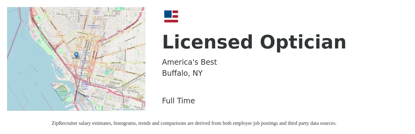 America's Best job posting for a Licensed Optician in Buffalo, NY with a salary of $18 to $27 Hourly with a map of Buffalo location.