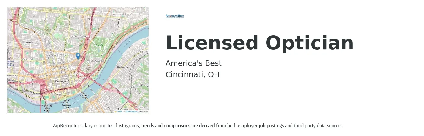 America's Best job posting for a Licensed Optician in Cincinnati, OH with a salary of $20 to $28 Hourly with a map of Cincinnati location.