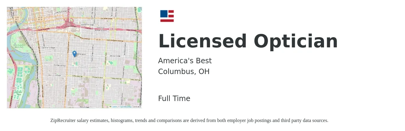 America's Best job posting for a Licensed Optician in Columbus, OH with a salary of $19 to $28 Hourly with a map of Columbus location.