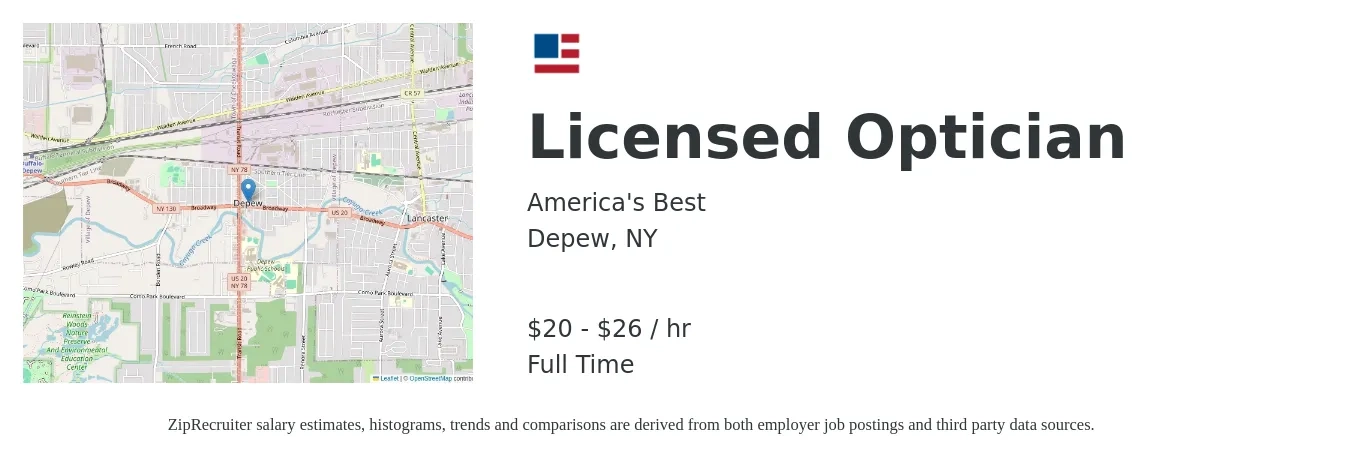 America's Best job posting for a Licensed Optician in Depew, NY with a salary of $20 to $28 Hourly with a map of Depew location.