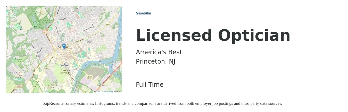 America's Best job posting for a Licensed Optician in Princeton, NJ with a salary of $22 to $32 Hourly with a map of Princeton location.