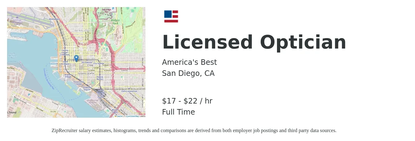 America's Best job posting for a Licensed Optician in San Diego, CA with a salary of $21 to $31 Hourly with a map of San Diego location.