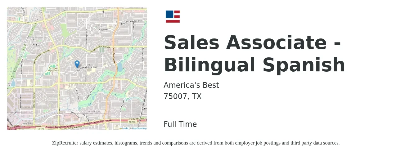 America's Best job posting for a Sales Associate - Bilingual Spanish in 75007, TX with a salary of $13 to $16 Hourly with a map of 75007 location.