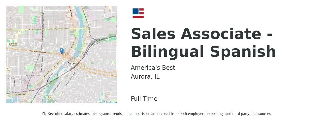 America's Best job posting for a Sales Associate - Bilingual Spanish in Aurora, IL with a salary of $14 to $18 Hourly with a map of Aurora location.