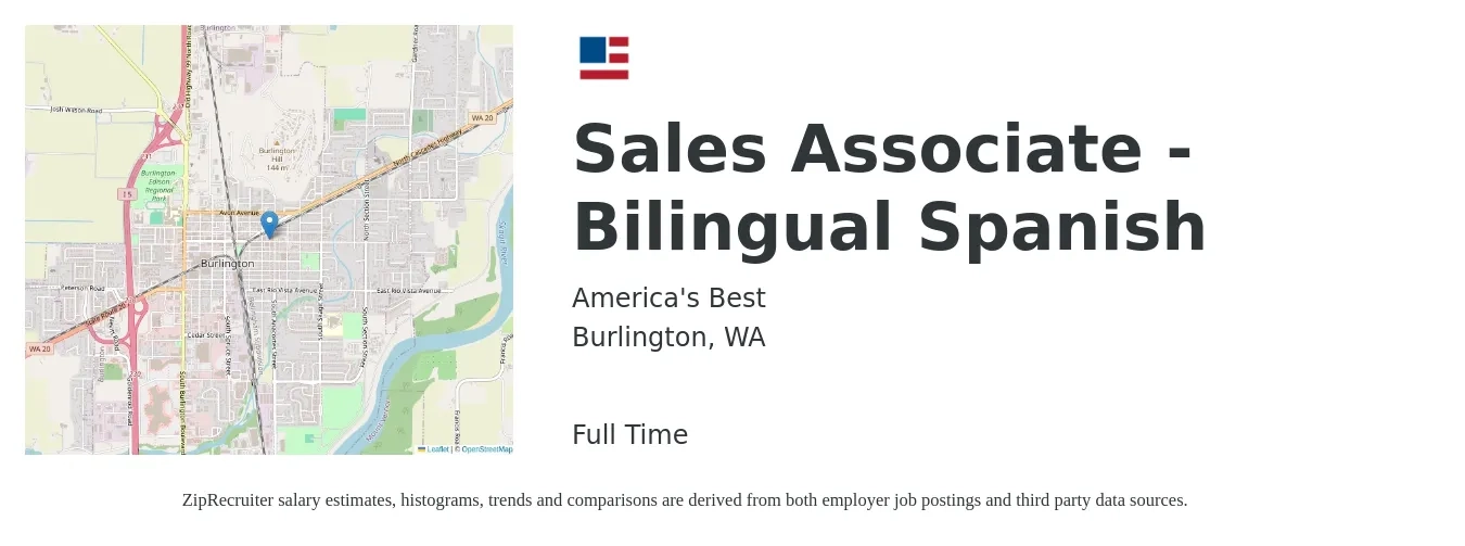 America's Best job posting for a Sales Associate - Bilingual Spanish in Burlington, WA with a salary of $16 to $20 Hourly with a map of Burlington location.