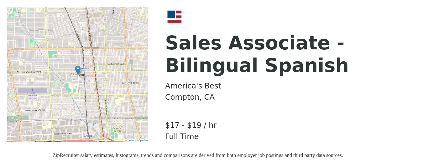 America's Best job posting for a Sales Associate - Bilingual Spanish in Compton, CA with a salary of $15 to $18 Hourly with a map of Compton location.