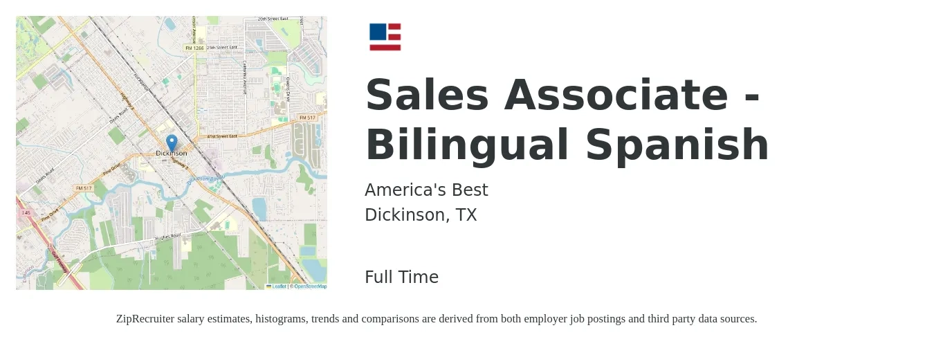 America's Best job posting for a Sales Associate - Bilingual Spanish in Dickinson, TX with a salary of $12 to $15 Hourly with a map of Dickinson location.