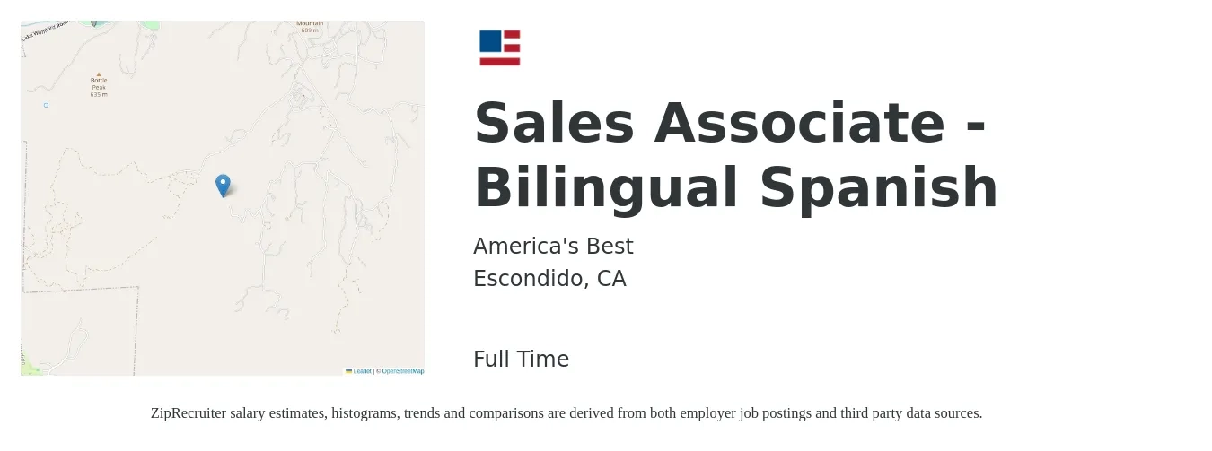 America's Best job posting for a Sales Associate - Bilingual Spanish in Escondido, CA with a salary of $15 to $19 Hourly with a map of Escondido location.