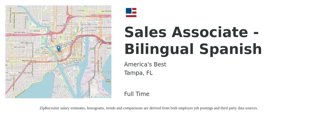 America's Best job posting for a Sales Associate - Bilingual Spanish in Tampa, FL with a salary of $12 to $16 Hourly with a map of Tampa location.