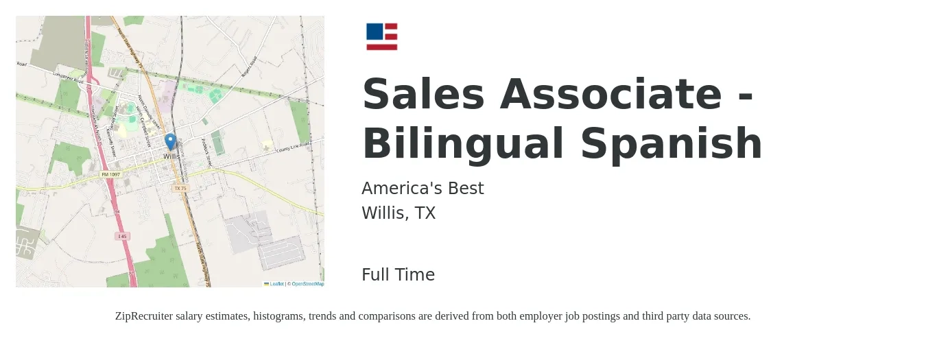 America's Best job posting for a Sales Associate - Bilingual Spanish in Willis, TX with a salary of $12 to $16 Hourly with a map of Willis location.