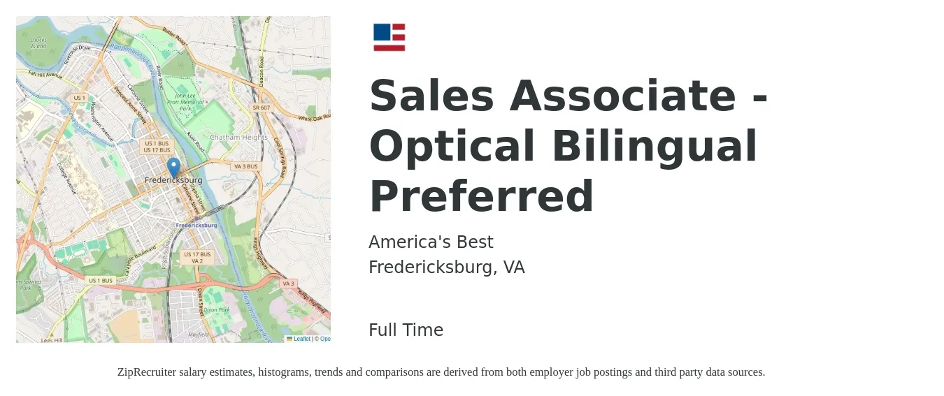 America's Best job posting for a Sales Associate - Optical Bilingual Preferred in Fredericksburg, VA with a salary of $16 to $20 Hourly with a map of Fredericksburg location.