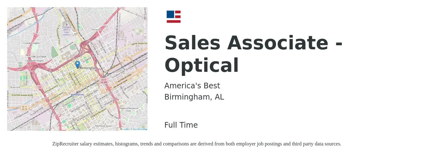 America's Best job posting for a Sales Associate - Optical in Birmingham, AL with a salary of $15 to $18 Hourly with a map of Birmingham location.
