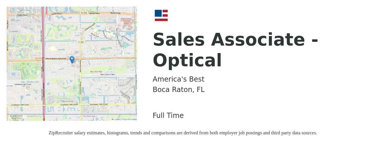 America's Best job posting for a Sales Associate - Optical in Boca Raton, FL with a salary of $15 to $19 Hourly with a map of Boca Raton location.