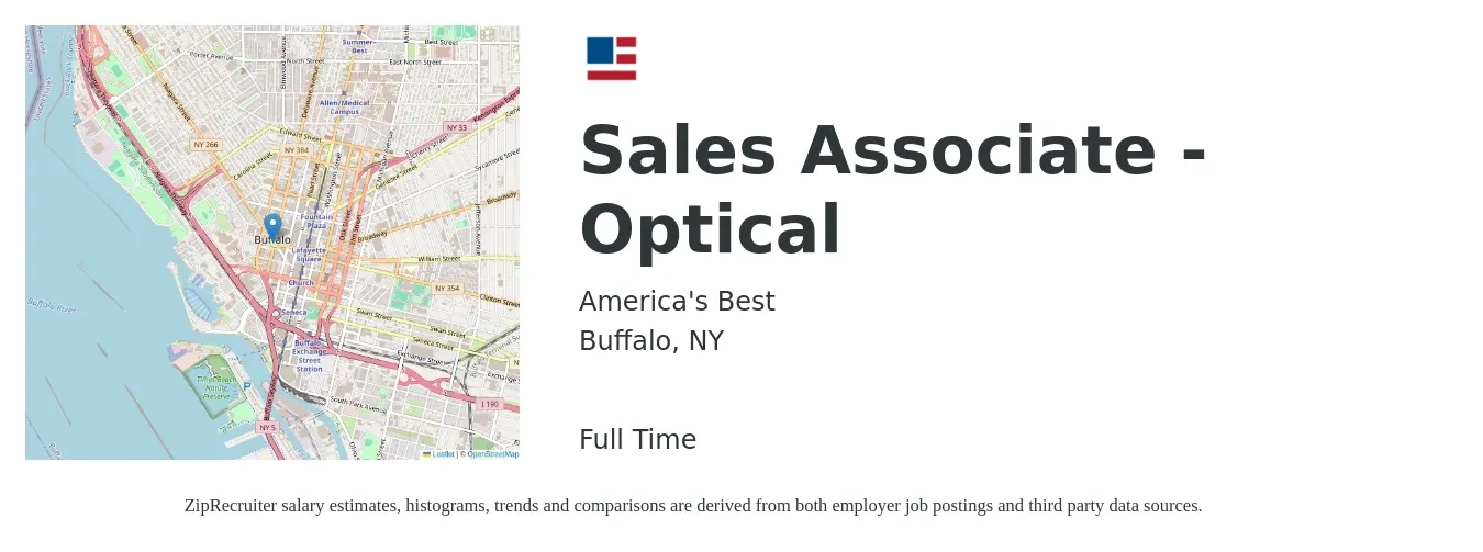 America's Best job posting for a Sales Associate - Optical in Buffalo, NY with a salary of $16 to $19 Hourly with a map of Buffalo location.