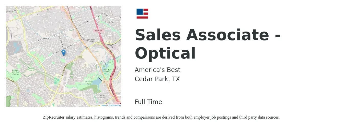 America's Best job posting for a Sales Associate - Optical in Cedar Park, TX with a salary of $15 to $18 Hourly with a map of Cedar Park location.