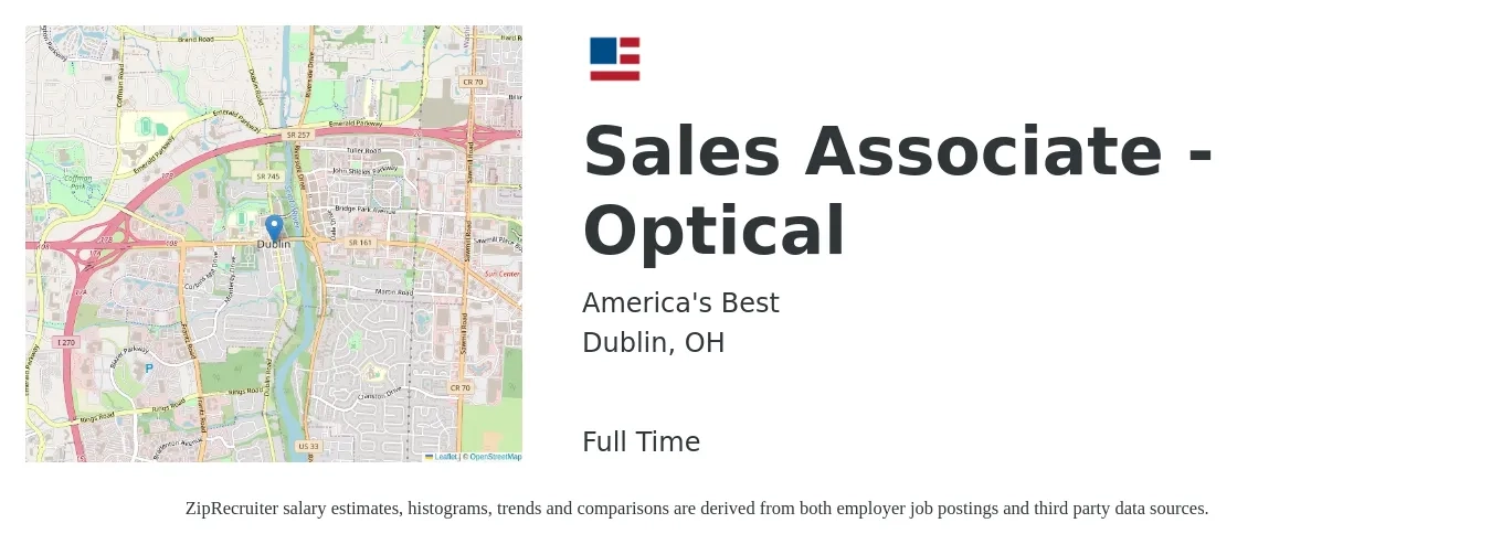 America's Best job posting for a Sales Associate - Optical in Dublin, OH with a salary of $15 to $19 Hourly with a map of Dublin location.