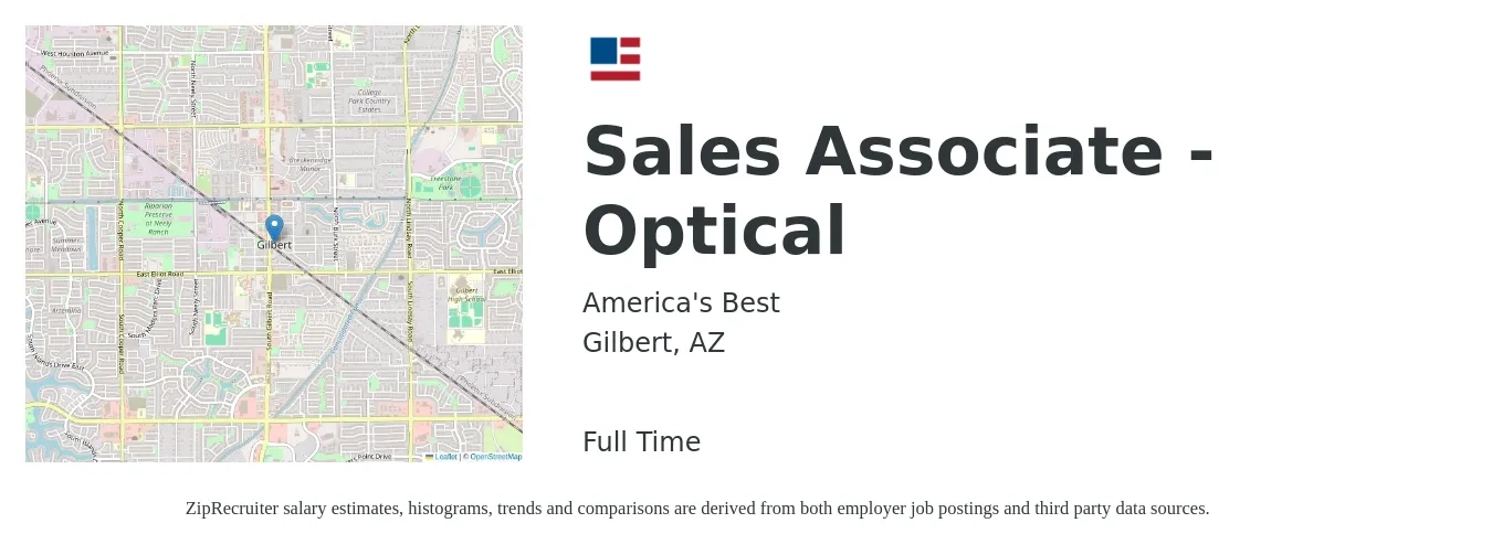 America's Best job posting for a Sales Associate - Optical in Gilbert, AZ with a salary of $16 to $19 Hourly with a map of Gilbert location.