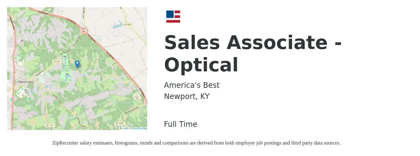 America's Best job posting for a Sales Associate - Optical in Newport, KY with a salary of $15 to $19 Hourly with a map of Newport location.
