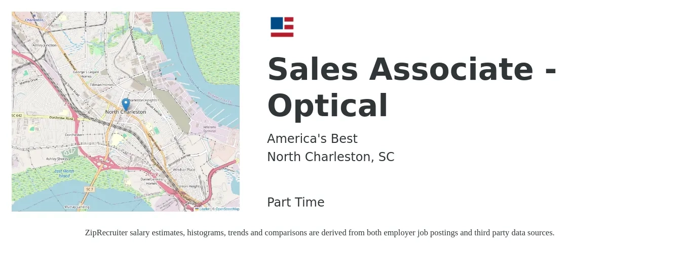 America's Best job posting for a Sales Associate - Optical in North Charleston, SC with a salary of $14 to $18 Hourly with a map of North Charleston location.