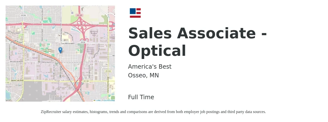 America's Best job posting for a Sales Associate - Optical in Osseo, MN with a salary of $17 to $21 Hourly with a map of Osseo location.