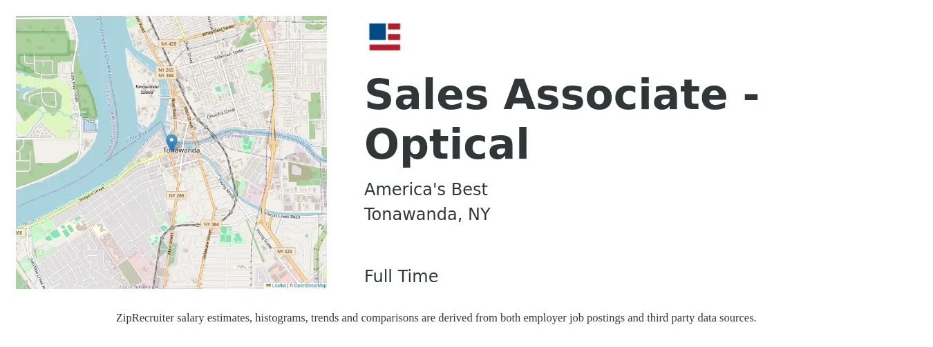 America's Best job posting for a Sales Associate - Optical in Tonawanda, NY with a salary of $15 to $18 Hourly with a map of Tonawanda location.