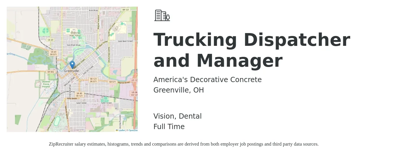 America's Decorative Concrete job posting for a Trucking Dispatcher and Manager in Greenville, OH with a salary of $1,000 Weekly (plus commission) and benefits including dental, life_insurance, pto, retirement, and vision with a map of Greenville location.