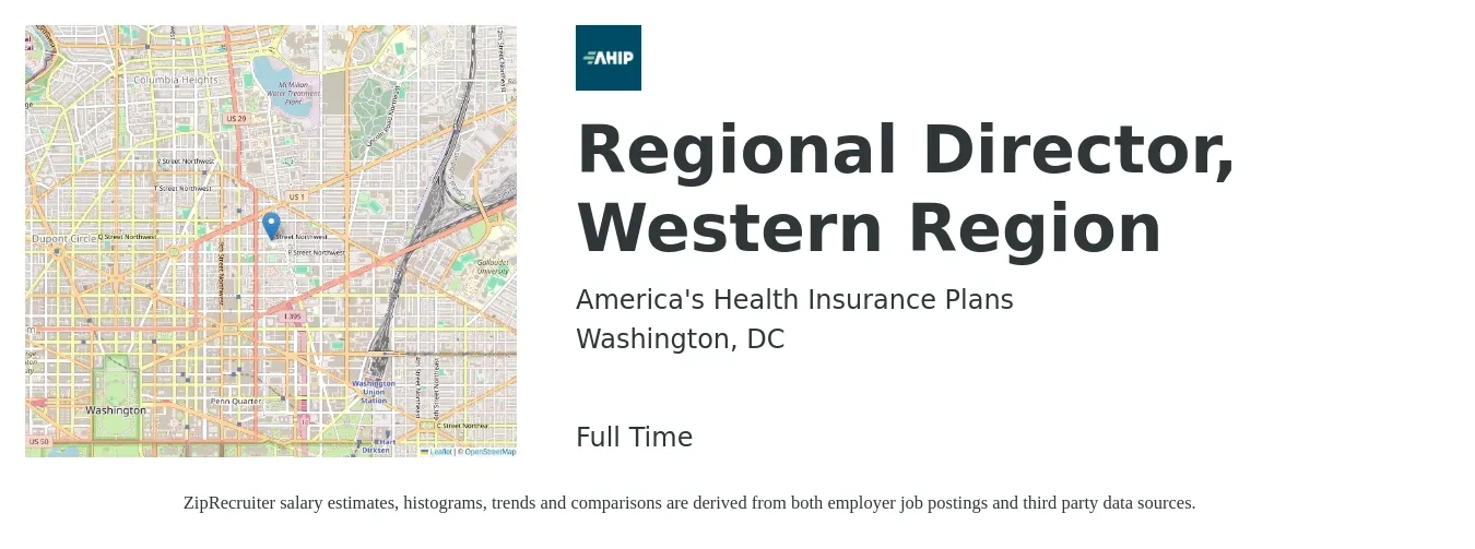 America's Health Insurance Plans job posting for a Regional Director, Western Region in Washington, DC with a salary of $77,000 to $130,200 Yearly with a map of Washington location.