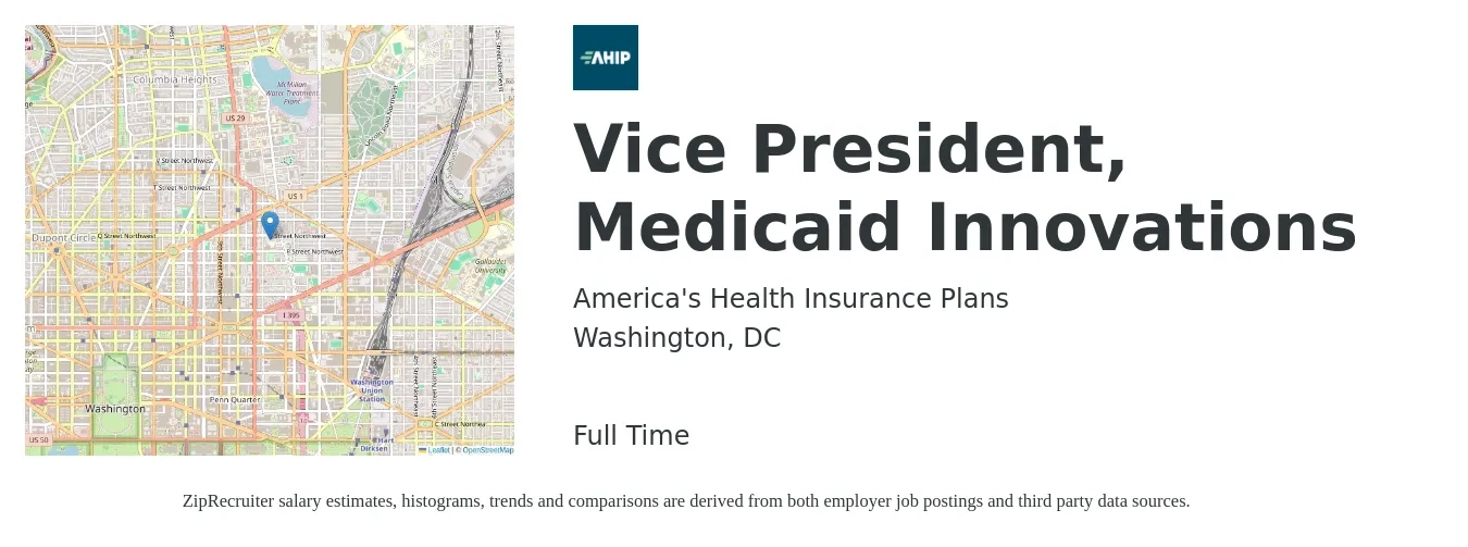 America's Health Insurance Plans job posting for a Vice President, Medicaid Innovations in Washington, DC with a salary of $130,800 to $209,500 Yearly with a map of Washington location.