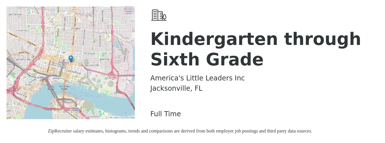 America's Little Leaders Inc job posting for a Kindergarten through Sixth Grade in Jacksonville, FL with a salary of $29,900 to $46,400 Yearly with a map of Jacksonville location.