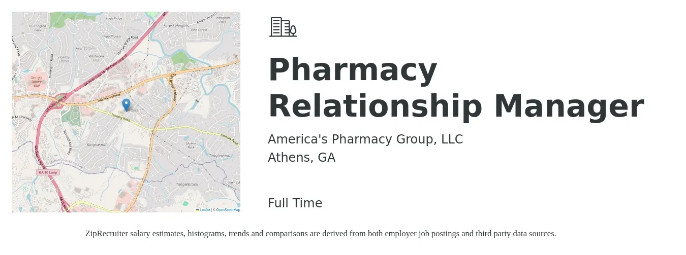 America's Pharmacy Group, LLC job posting for a Pharmacy Relationship Manager in Athens, GA with a salary of $63 to $74 Hourly with a map of Athens location.