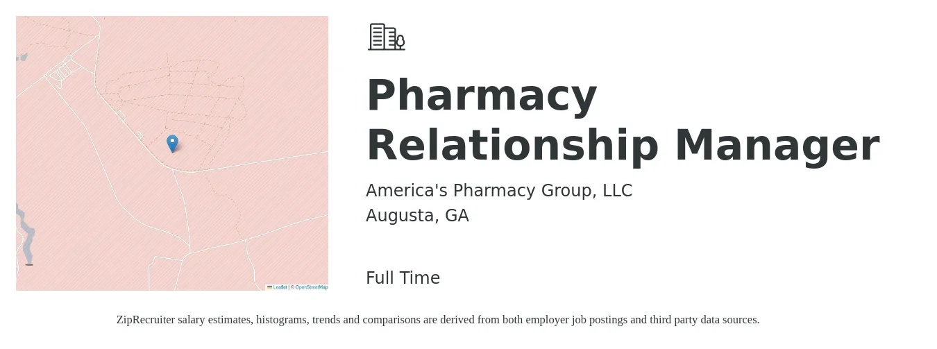 America's Pharmacy Group, LLC job posting for a Pharmacy Relationship Manager in Augusta, GA with a salary of $61 to $72 Hourly with a map of Augusta location.
