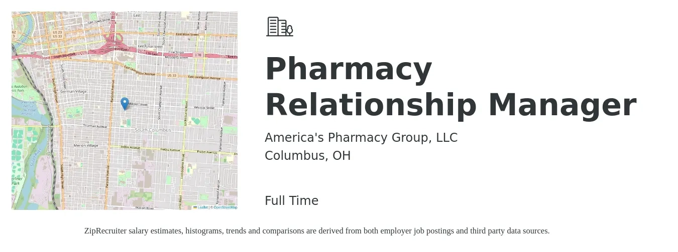 America's Pharmacy Group, LLC job posting for a Pharmacy Relationship Manager in Columbus, OH with a salary of $63 to $74 Hourly with a map of Columbus location.