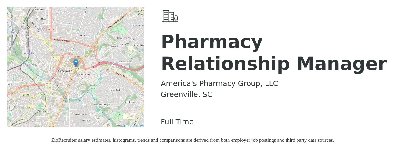 America's Pharmacy Group, LLC job posting for a Pharmacy Relationship Manager in Greenville, SC with a salary of $61 to $72 Hourly with a map of Greenville location.