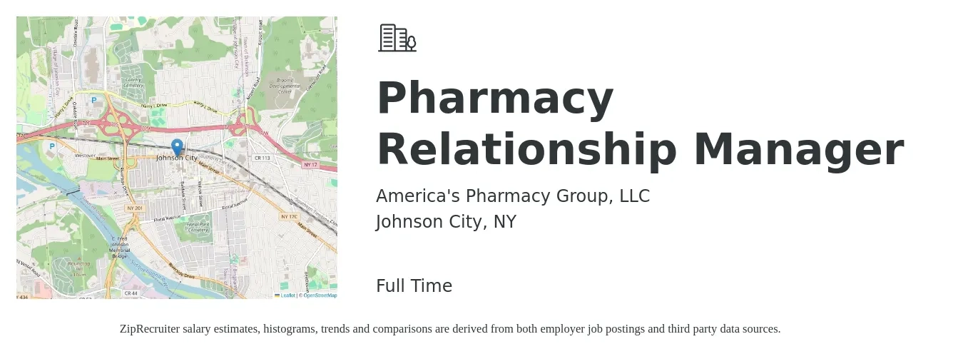 America's Pharmacy Group, LLC job posting for a Pharmacy Relationship Manager in Johnson City, NY with a salary of $62 to $73 Hourly with a map of Johnson City location.